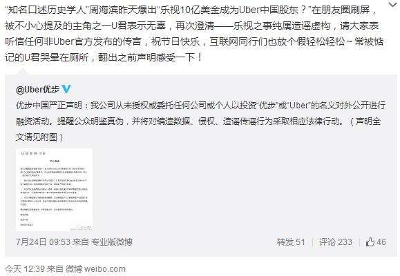 樂視10億美元入股Uber中國?雙方紛紛澄清不可能